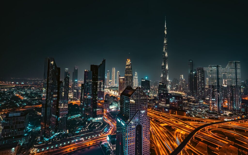 Dubai skyline along Sheikh Zayed Road at dusk